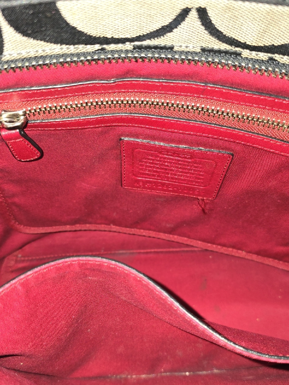 Coach Canvas Shoulder Bag in Red, Tan, Cream & Black. 14'W × 11' Tall. - Picture 8 of 16